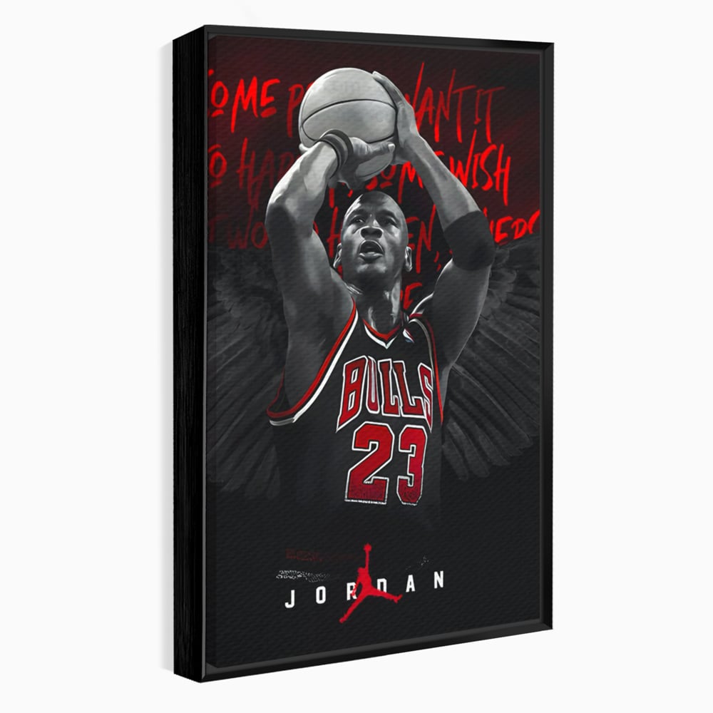 Tablou canvas cu tablou canvas cu michael jordan in actiune, in rama de aluminiu negru